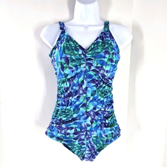 Vtg 90s/ Y2K Gabar Womens One Piece Swimsuit Ruched V Neck Abstract Unsized S/M - Picture 15 of 15